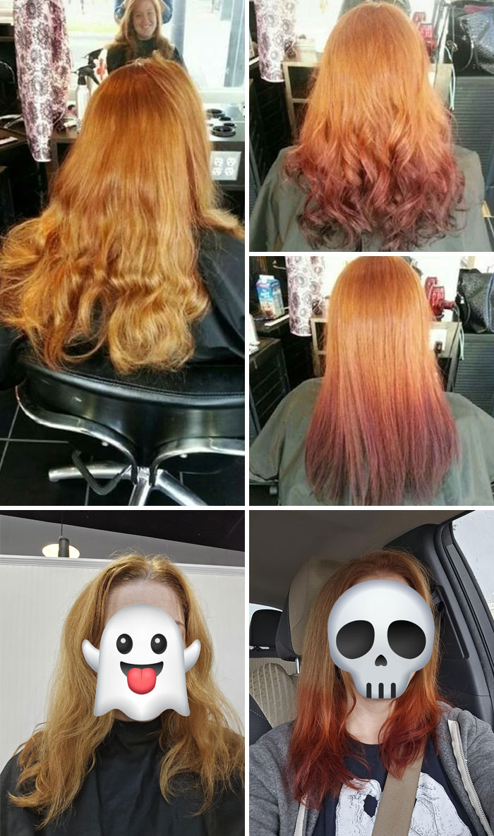 Before and after salon hair glow-up photos showing orange and red dyed hair with wavy and straight styles.