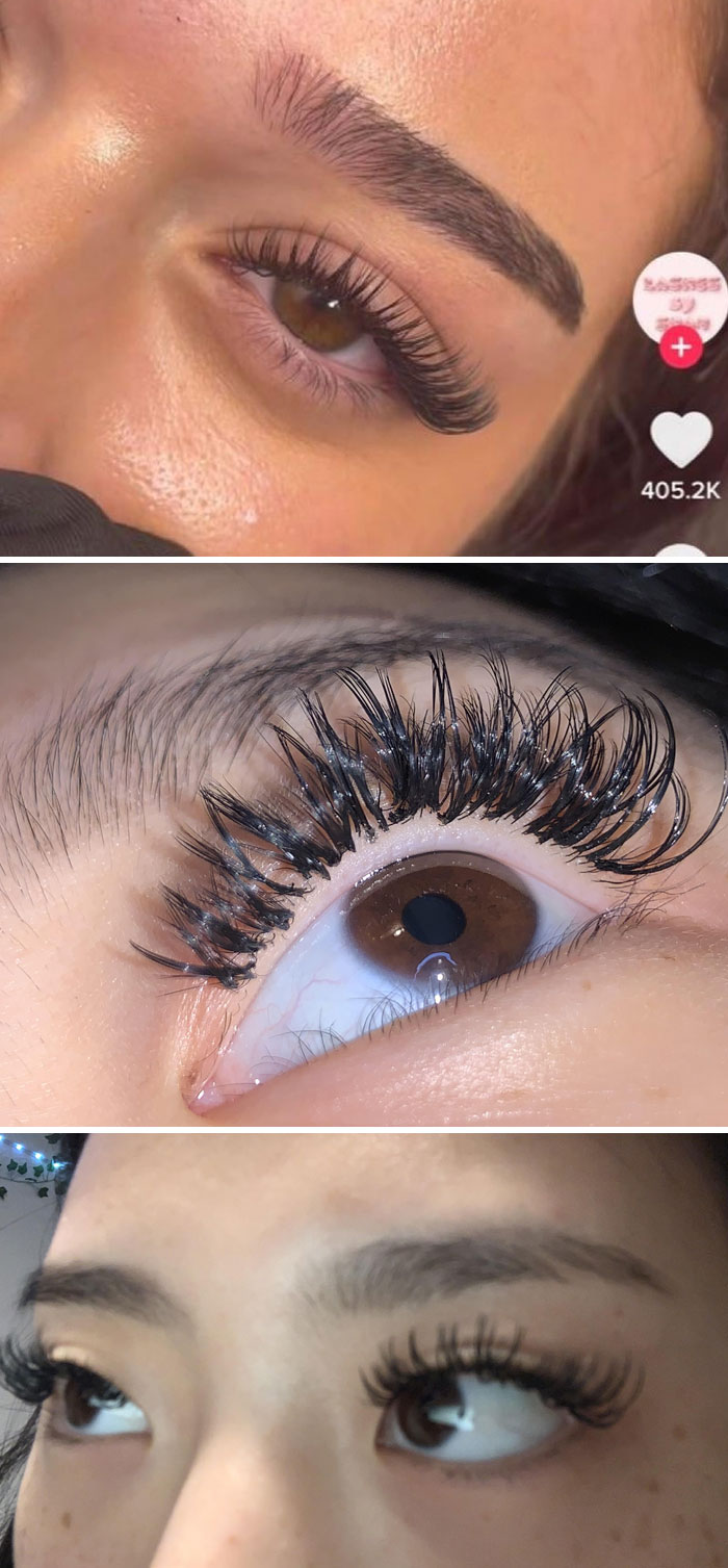 Close-up comparison of eyelash extensions showing salon glow-up results versus disappointing breakdown outcomes.