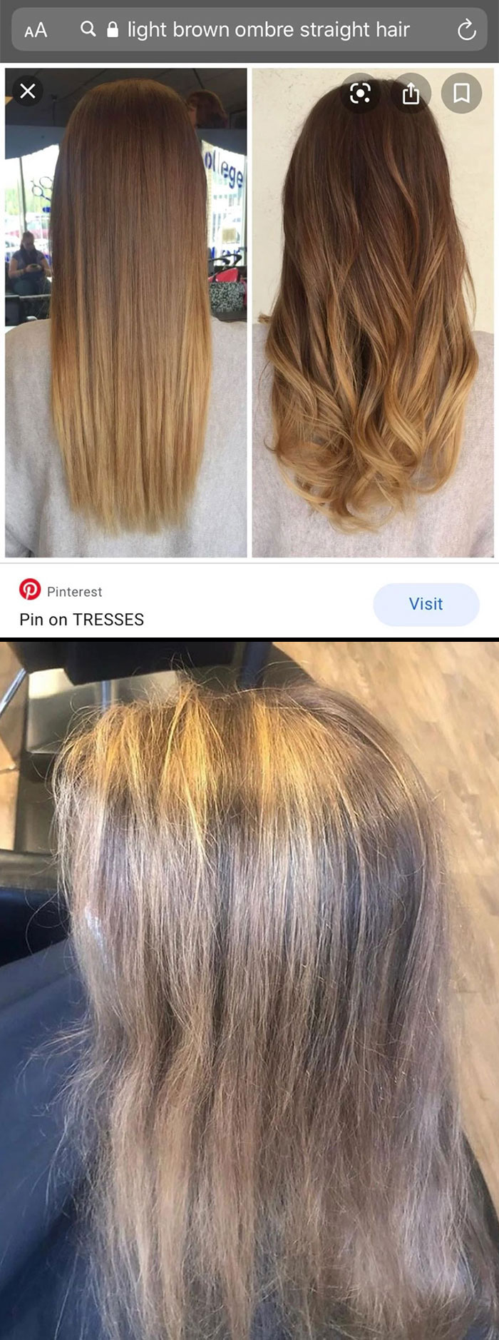 Side-by-side images showing light brown ombre hair transformations with one resulting in a damaged salon glow-up breakdown.