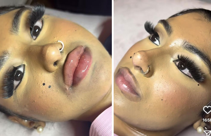 Close-up before and after salon beauty treatment showing altered makeup and facial features in a glow-up transformation.