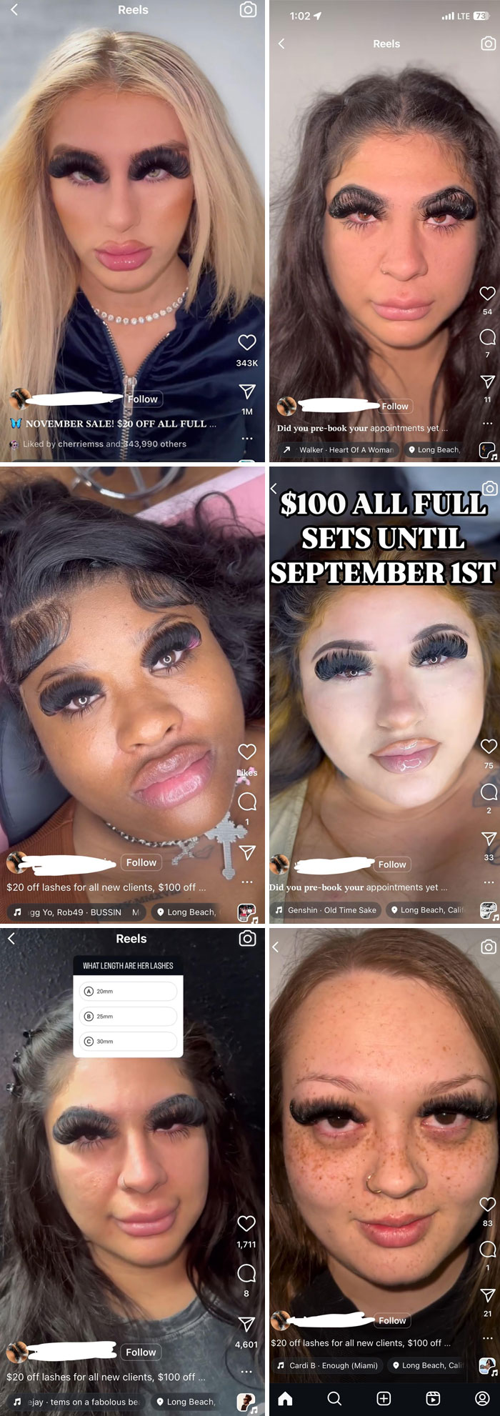 Six close-up portraits of people with exaggerated, uneven eyelash extensions after salon glow-ups resulting in cosmetic breakdowns.