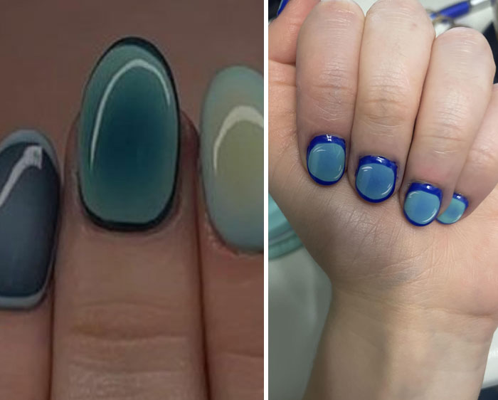 Close-up of fingernails with uneven and imperfect blue glow-up nail art after a salon visit.