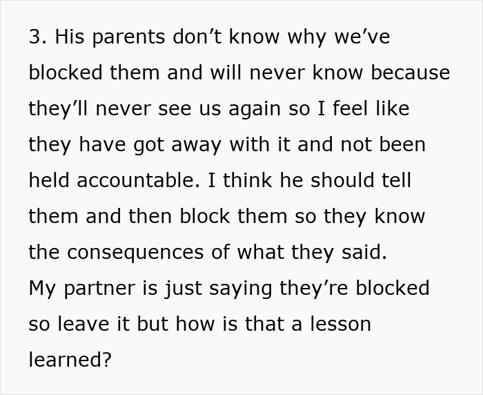 Text discussing a woman shocked after overhearing boyfriend&rsquo;s parents talking about her and deciding not to see them again.