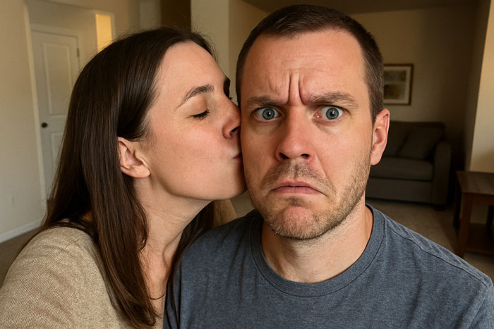 Woman forcefully kissing her husband on the cheek while he looks shocked, wondering about a possible affair.