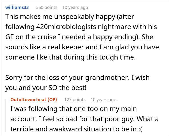 User comments expressing support after best friend saw girlfriend with another man and checked email.