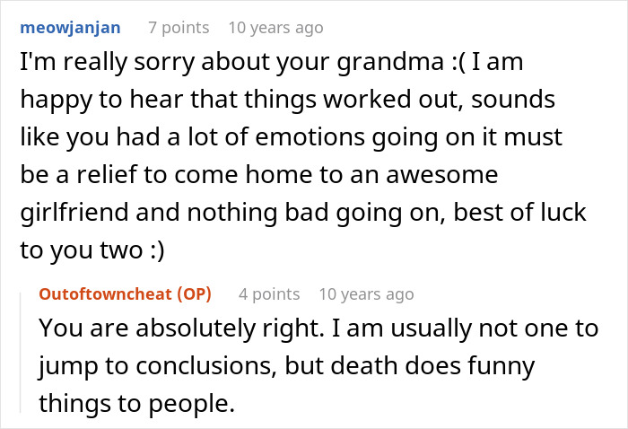 Screenshot of an online conversation discussing feelings after a best friend saw girlfriend with another man and checked email.