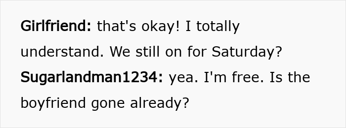 Text message conversation showing best friend asking if boyfriend is gone, hinting at discovering girlfriend with another man checking email.