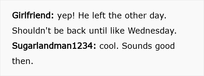 Chat conversation showing best friend saw girlfriend with another man, discussing his absence and confirming details.