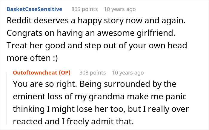 Screenshot of a Reddit conversation discussing emotions after a best friend saw girlfriend with another man.