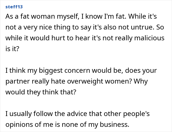Text from an online forum where a woman discusses concerns about her partner&rsquo;s dislike of overweight women and dealing with hurtful opinions.
