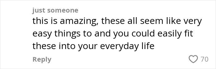 Comment praising easy habits that can improve mental and physical health, posted by user just someone.