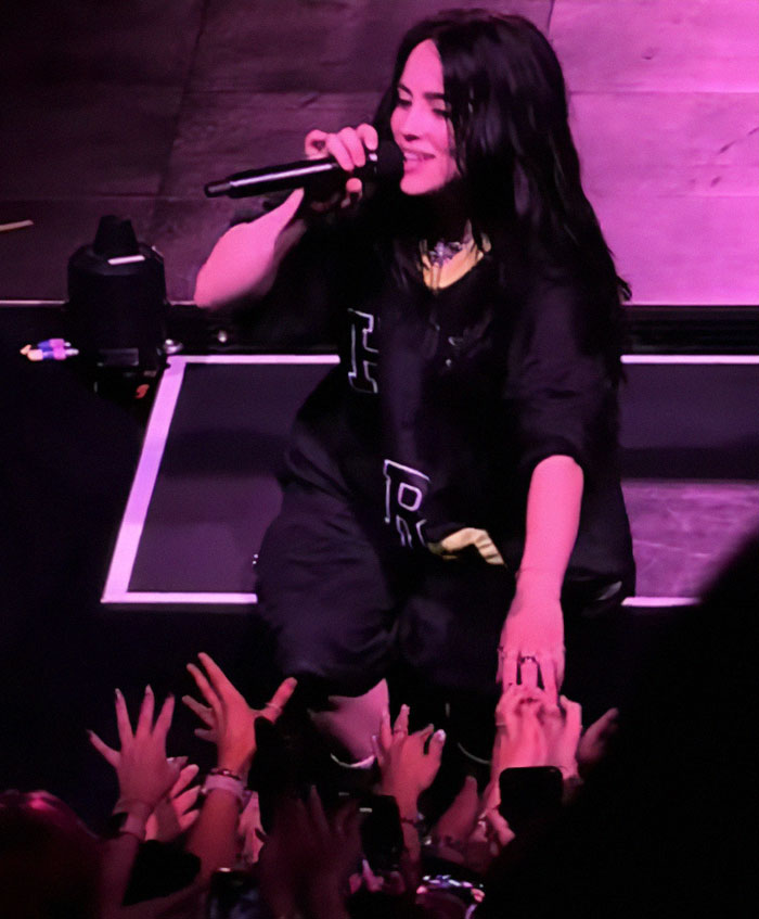 Billie Eilish performing on stage, interacting with fans during a live show amid racial comment controversy.