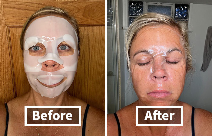 Before and after images of woman using a skincare mask from brands you actually know and love during Prime Day deals.