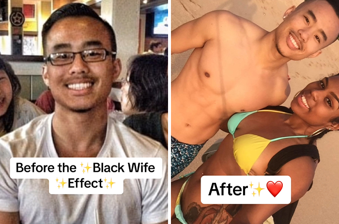 Before and after photos of men who married a Black woman showing positive changes and happy couples.