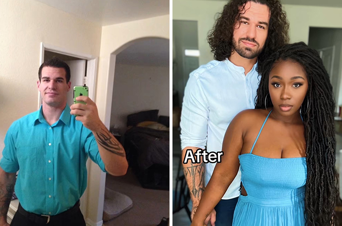 Before and after pics of a man and his Black wife, showcasing their relationship transformation and interracial marriage.