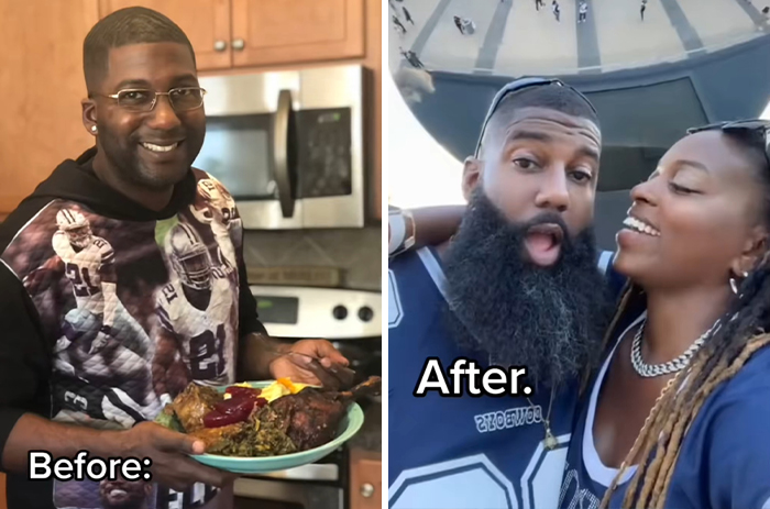 Man smiling with food plate before and joyful couple after marriage, showcasing men who married a Black woman transformation.