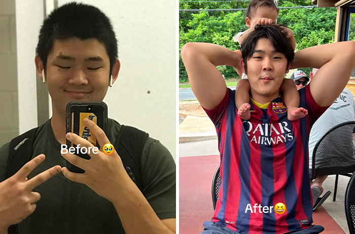 Before and after photos of a man showing transformation after marrying a black woman, smiling with a child on his shoulders.