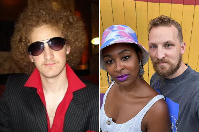 Before and after pics showing transformation of men who married a Black woman, featuring couples in casual and retro styles.