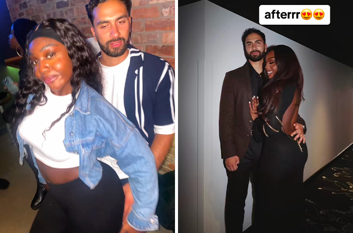 Before and after pics of a couple showing a man who married a Black woman, showcasing their style and happiness.