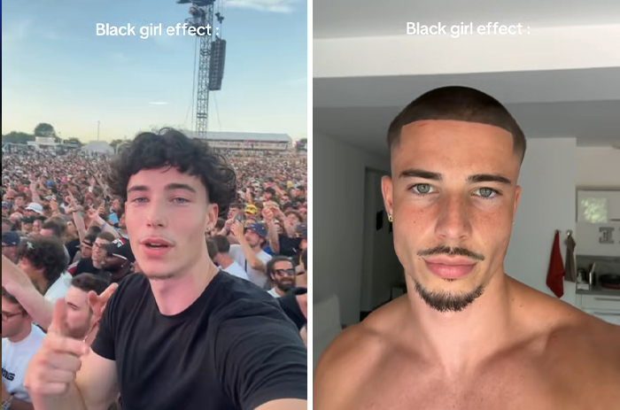 Before and after transformation of a man who married a Black woman, showing changes in style and appearance.