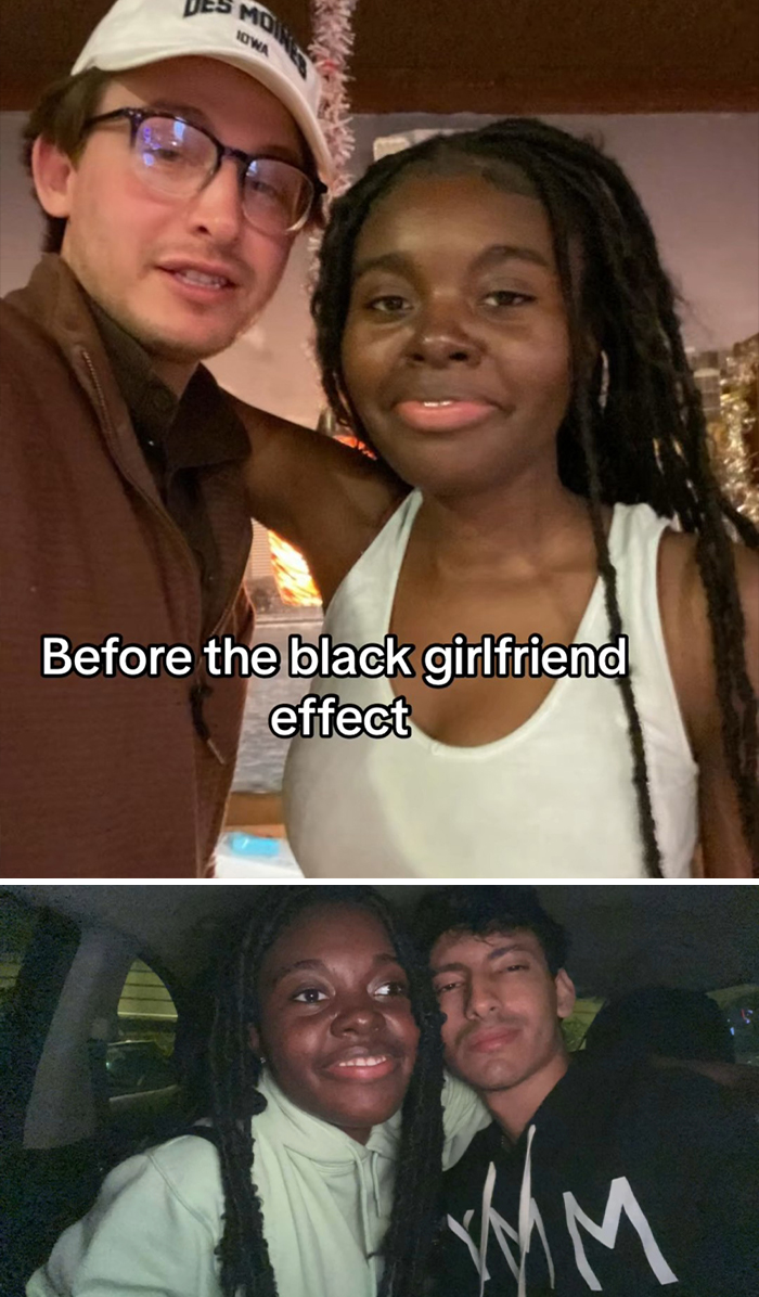 Couple showing before and after photos highlighting the transformation of men who married a Black woman.