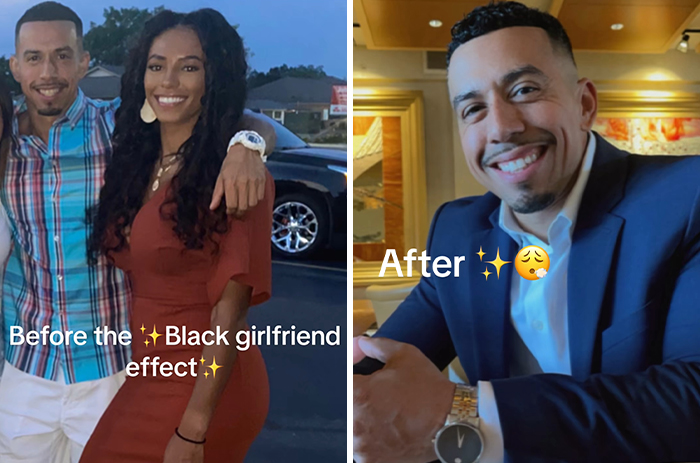Before and after transformation of a man who married a Black woman, showcasing the impact of their relationship.