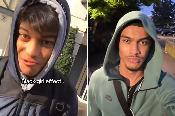 Before and after transformation of a man showing changes from marrying a Black woman in casual outdoor settings.