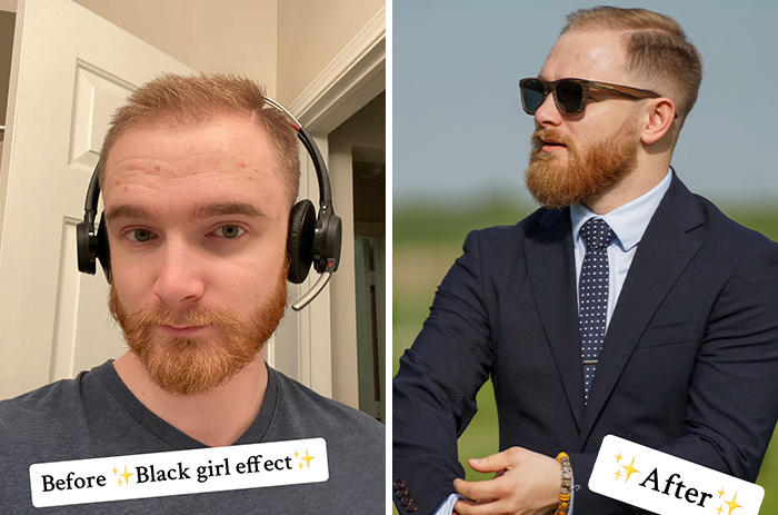Man with headset in casual wear before transformation and same man in suit and sunglasses after marrying a Black woman.