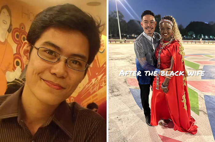 Before and after photos of a man smiling, then posing with his Black wife outdoors in an evening setting.