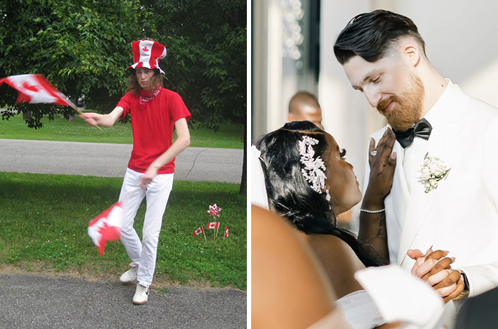 Before and after images of a man showing transformation after marrying a Black woman, dressed in wedding attire.