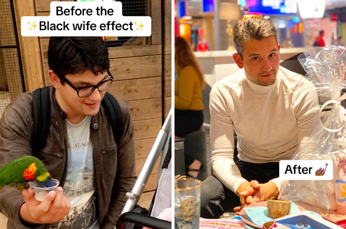 Before and after transformation of a man showing the impact of marrying a Black woman, highlighting notable changes.