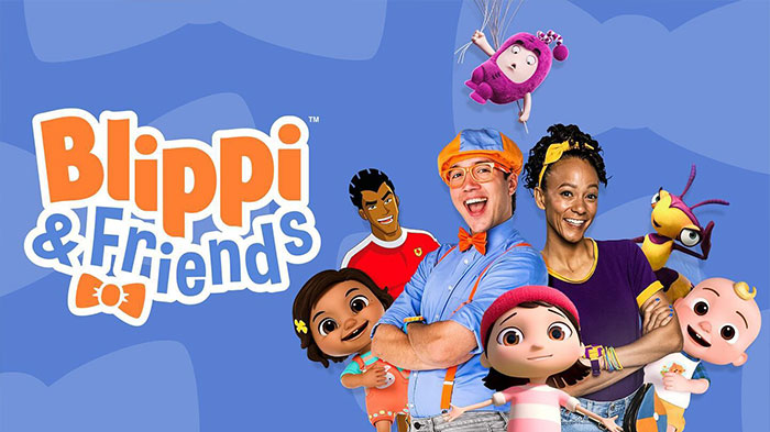 Blippi and friends characters smiling against blue background highlighting kids content gold rush in 2025. - 10