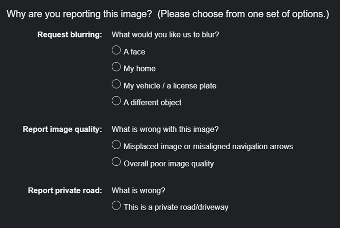 Form for requesting Google Maps blurring of house, vehicle, or face with quality and private road report options.