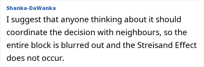 Comment suggesting neighbors coordinate to blur their houses on Google Maps to avoid the Streisand Effect risk.
