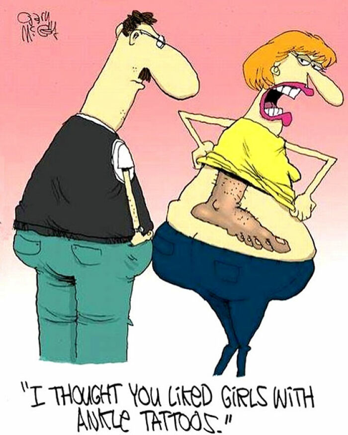 Cartoon showing a cringy joke with a woman revealing a foot tattoo on her back, highlighting boomer humor on the internet.