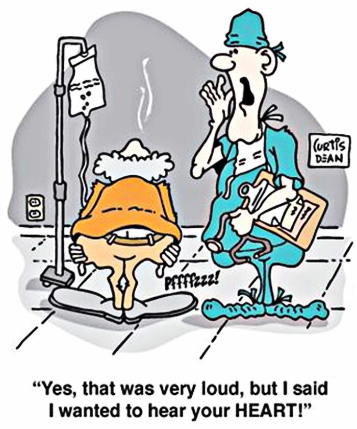 Cartoon showing a doctor shocked by a patient’s loud fart instead of a heartbeat, illustrating cringy jokes and posts humor.
