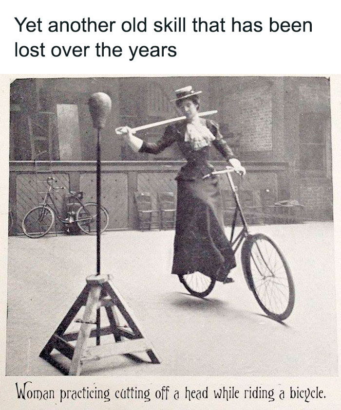 Vintage black and white image of a woman on a bicycle practicing old skills, highlighting cringy boomer internet jokes.
