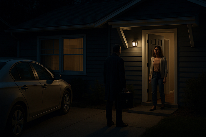 Single mom looking uncomfortable as boss unexpectedly arrives at her home late at night under porch light.