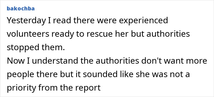 Text post discussing authorities stopping experienced volunteers from rescuing hiker abandoned inside active volcano.