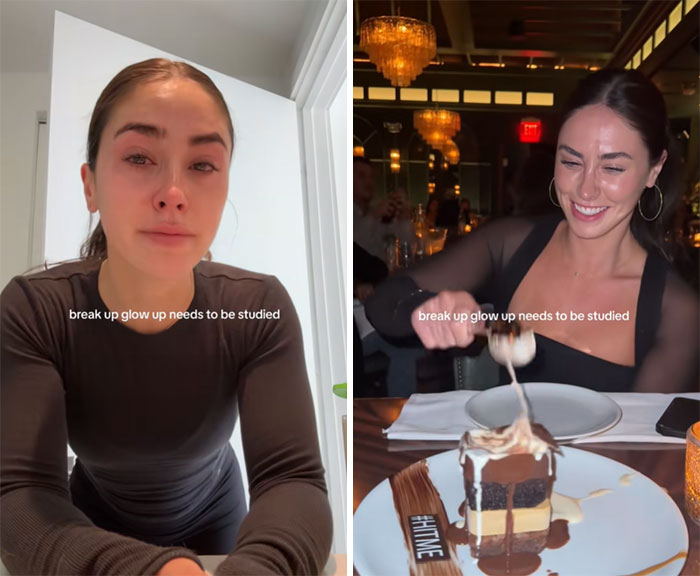 Side-by-side breakup glow-up comparison of a woman before and after, showing emotional and confident transformation.