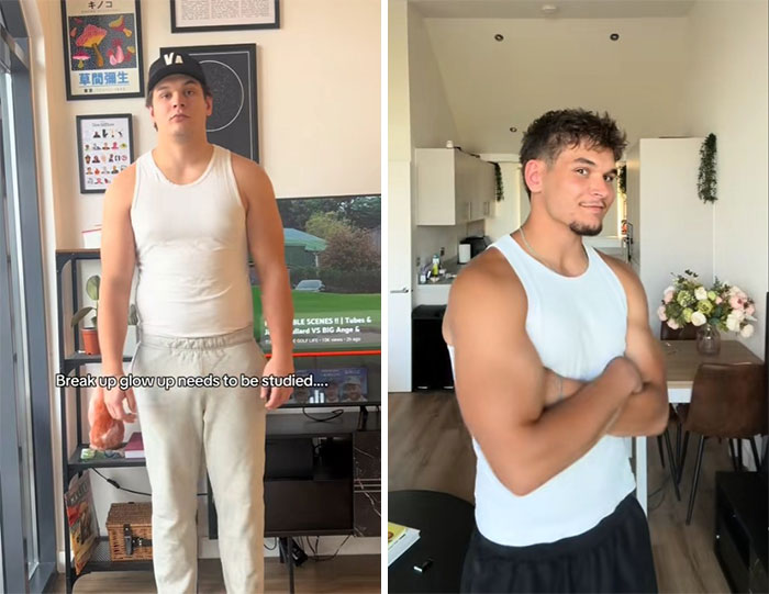 Comparison pics showing the breakup glow-up effect with before and after transformations of two men in casual wear.