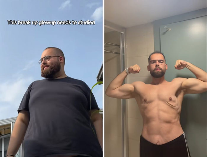 Before and after comparison photos showing the breakup glow-up effect with visible physical transformation and confidence.