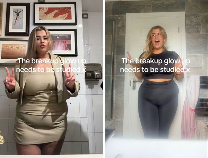 Side-by-side comparison photos illustrating the breakup glow-up effect with a woman showing confidence and style changes.
