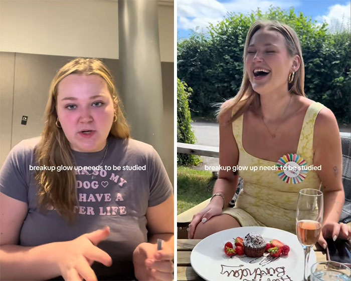 Side-by-side comparison showing the breakup glow-up effect with before and after images of a woman smiling and confident.