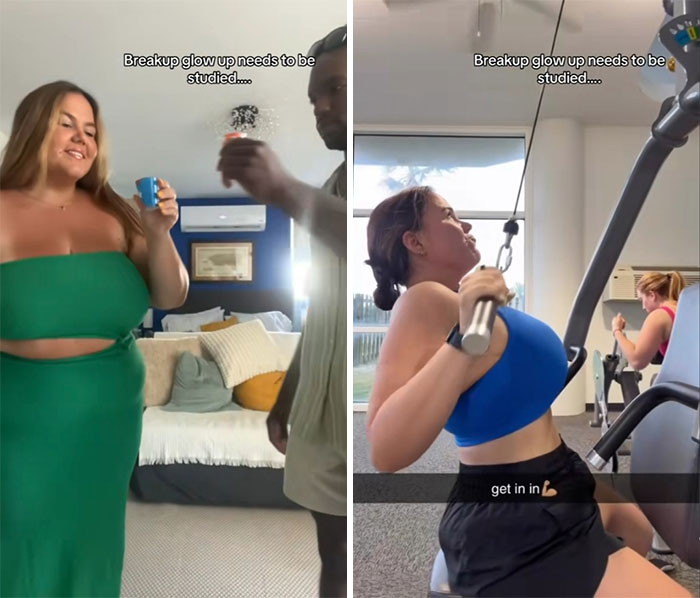 Side-by-side comparison showing the breakup glow up effect with a transformation from casual to fit workout look.