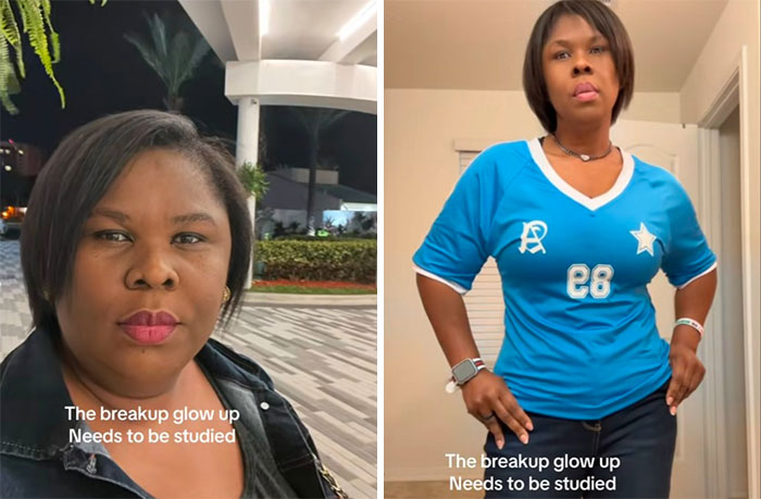 Side-by-side comparison photos showing the breakup glow-up effect with a woman before and after her transformation.