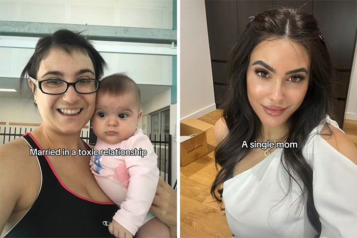 Before and after comparison showing the breakup glow-up effect with a transformation from toxic relationship to single mom confidence.