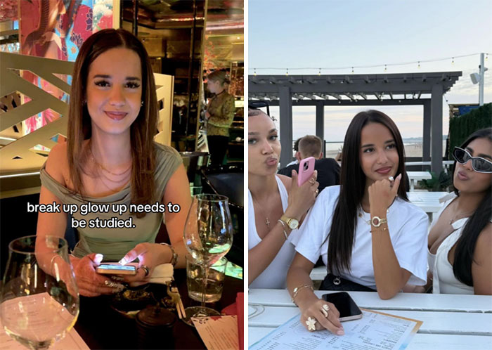 Side-by-side comparison pics showing the breakup glow-up effect with women smiling and enjoying different settings.