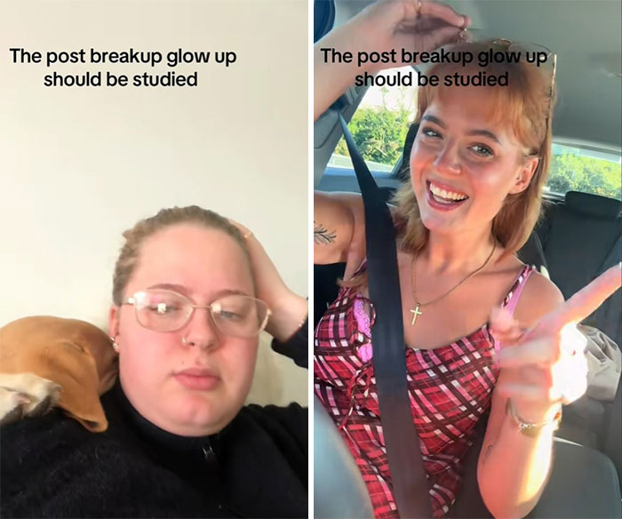 Side-by-side comparison of a woman showing the breakup glow-up effect with noticeable positive changes in appearance and mood.