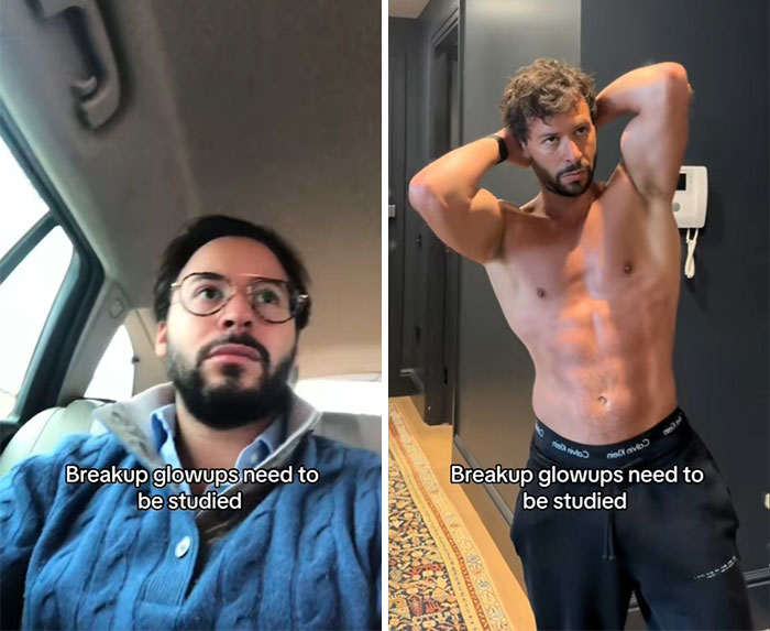Side-by-side comparison of a man before and after showing the breakup glow-up effect transformation.
